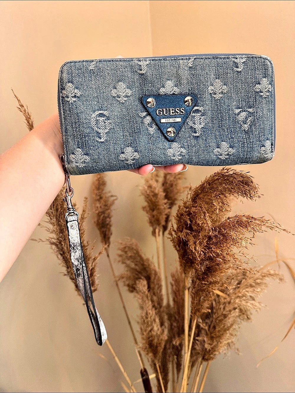 GUESS Floral Denim Wristlet Wallet in Blue & White